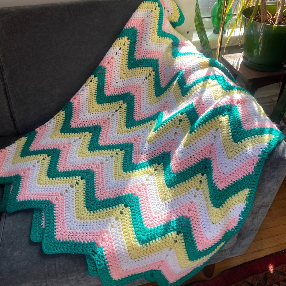 Vintage Handmade Colourful Chevron Crochet Blanket